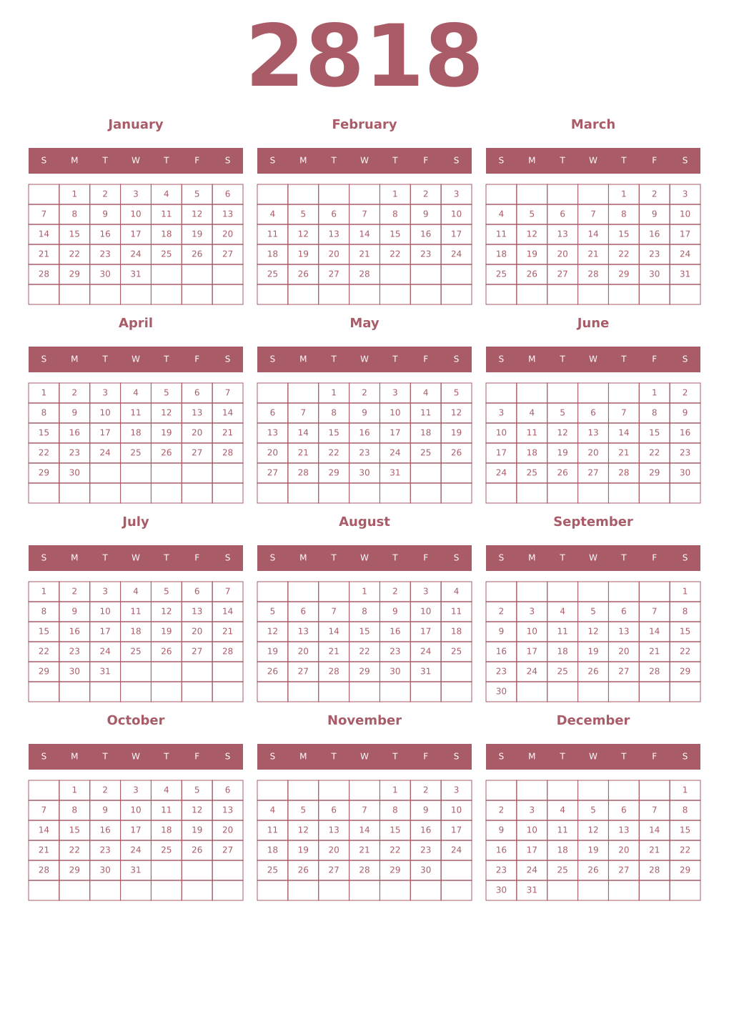 Printable 2818 Year Calendars puce