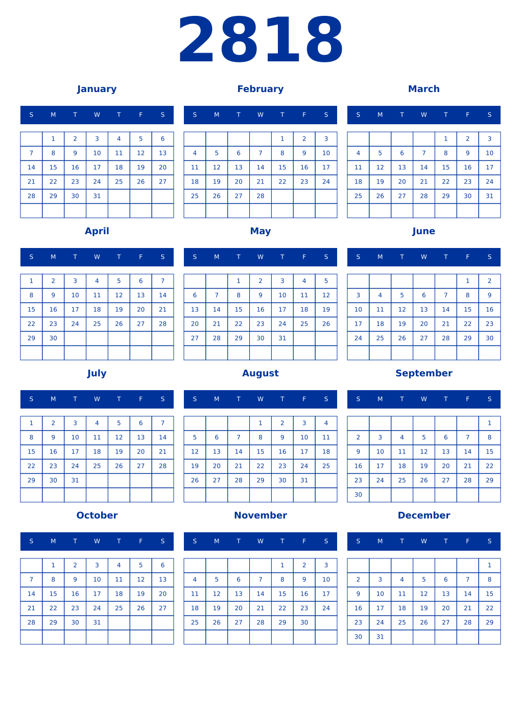 Printable 2818 Year Calendars smalt