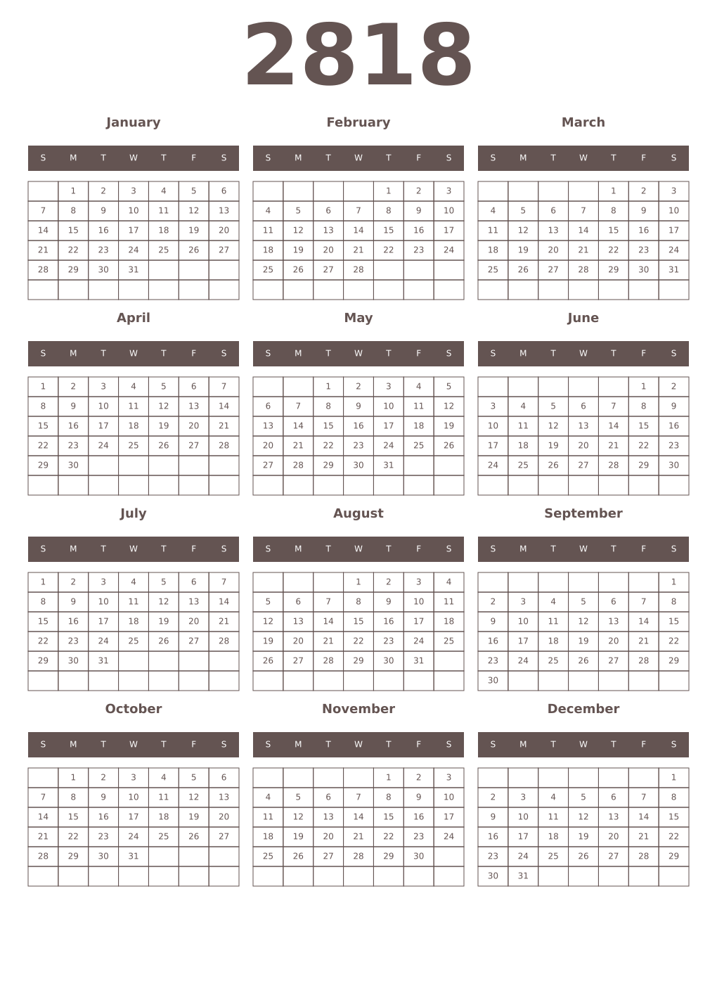 Printable 2818 Year Calendars wenge
