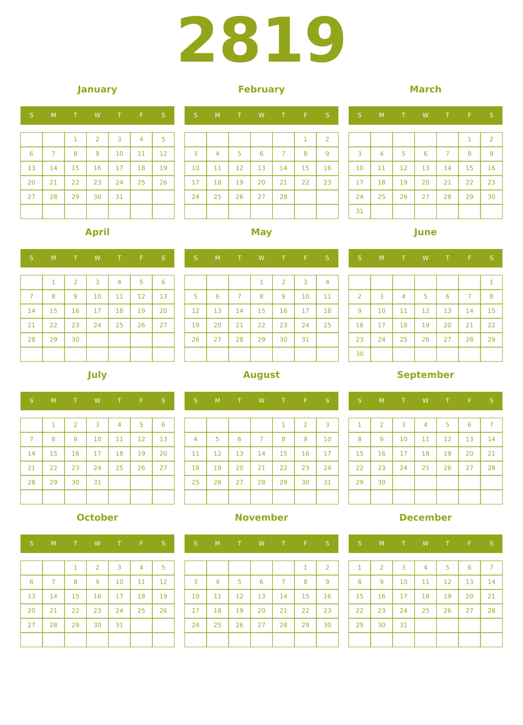 Printable 2819 Year Calendars chartreuse