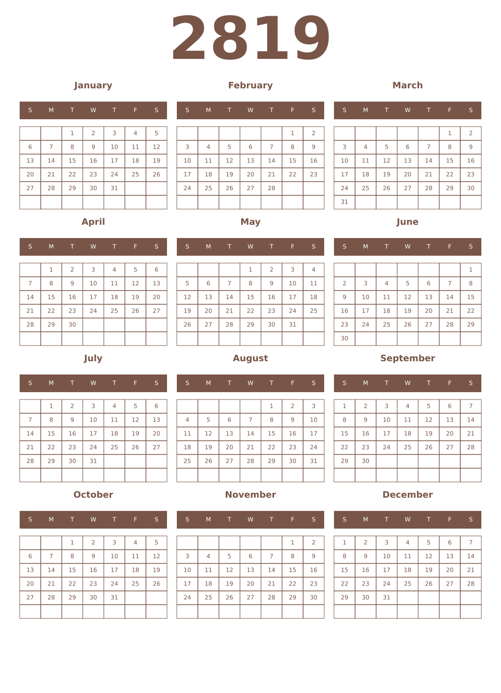 Printable 2819 Year Calendars coffe