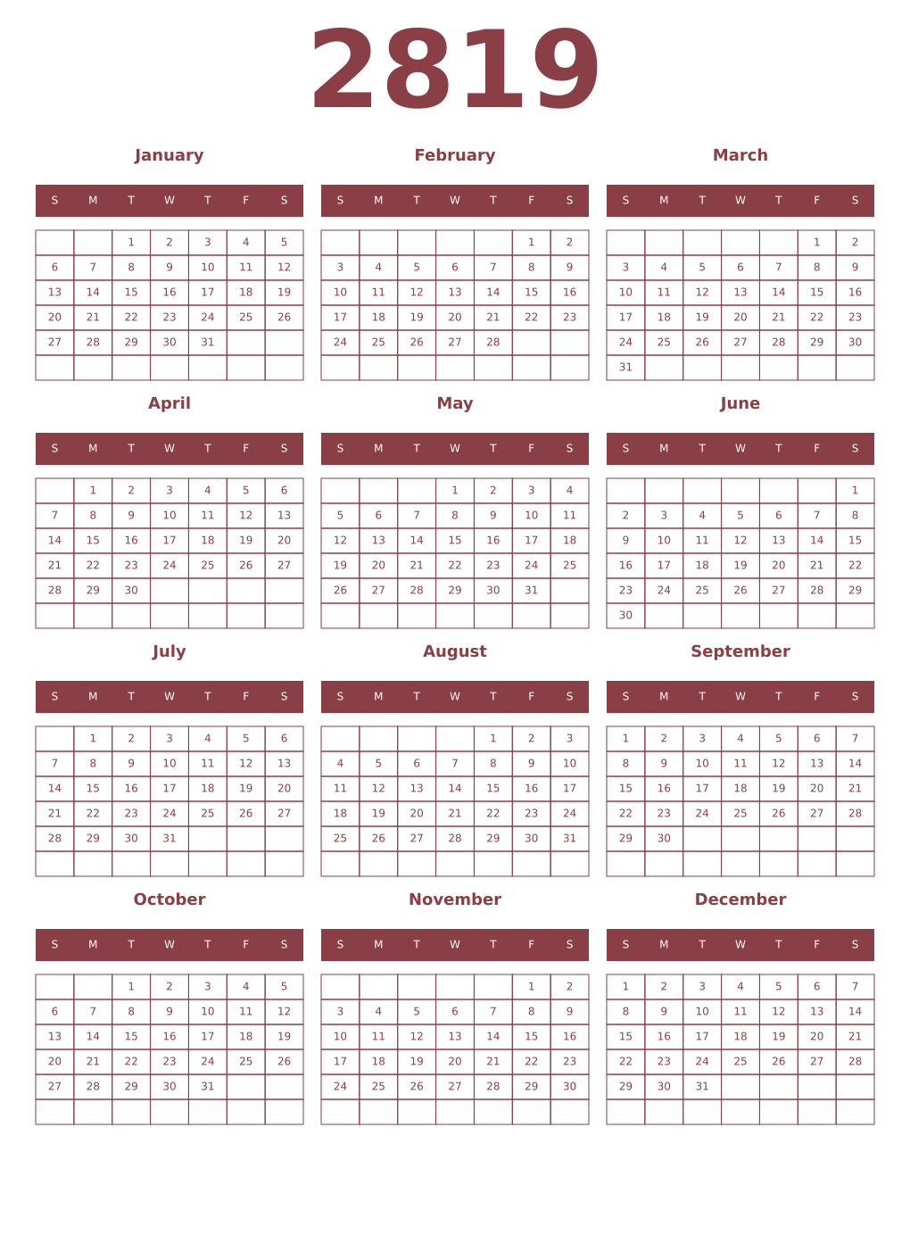Printable 2819 Year Calendars cordovan