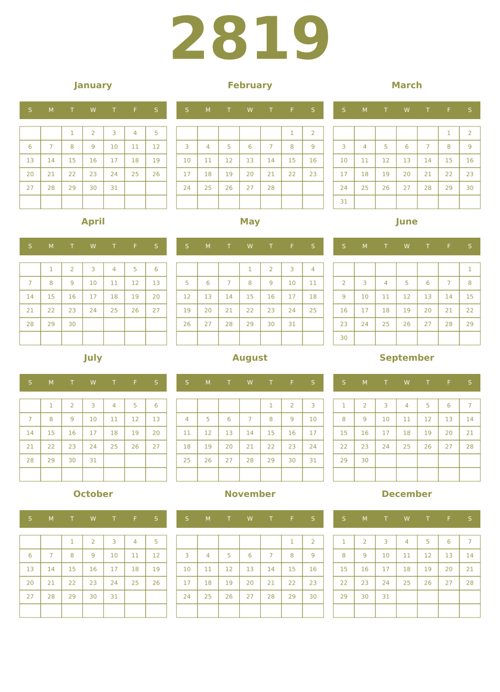 Printable 2819 Year Calendars eburnean