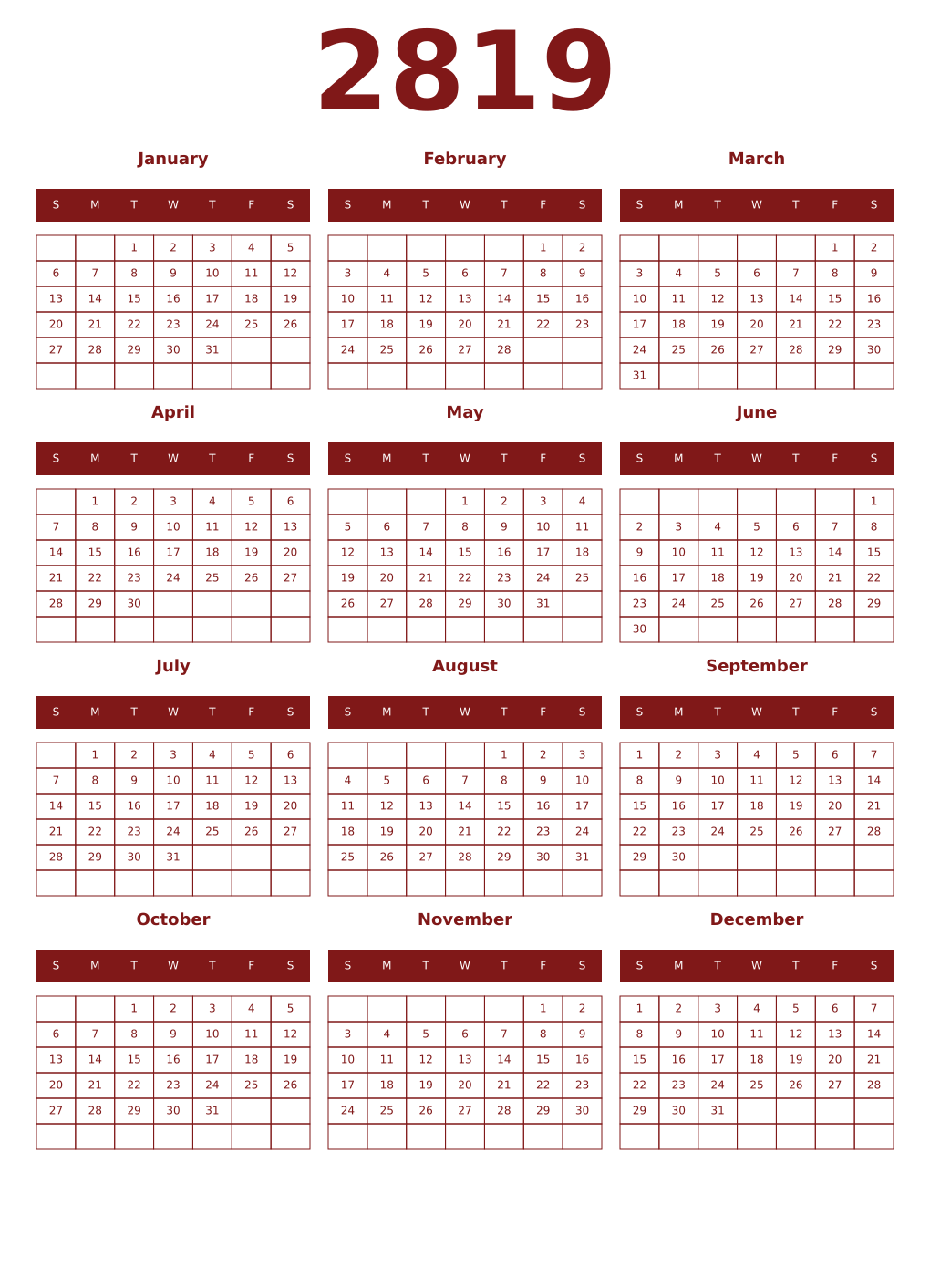 Printable 2819 Year Calendars falu