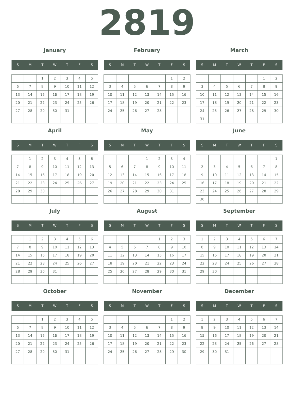 Printable 2819 Year Calendars feldgrau