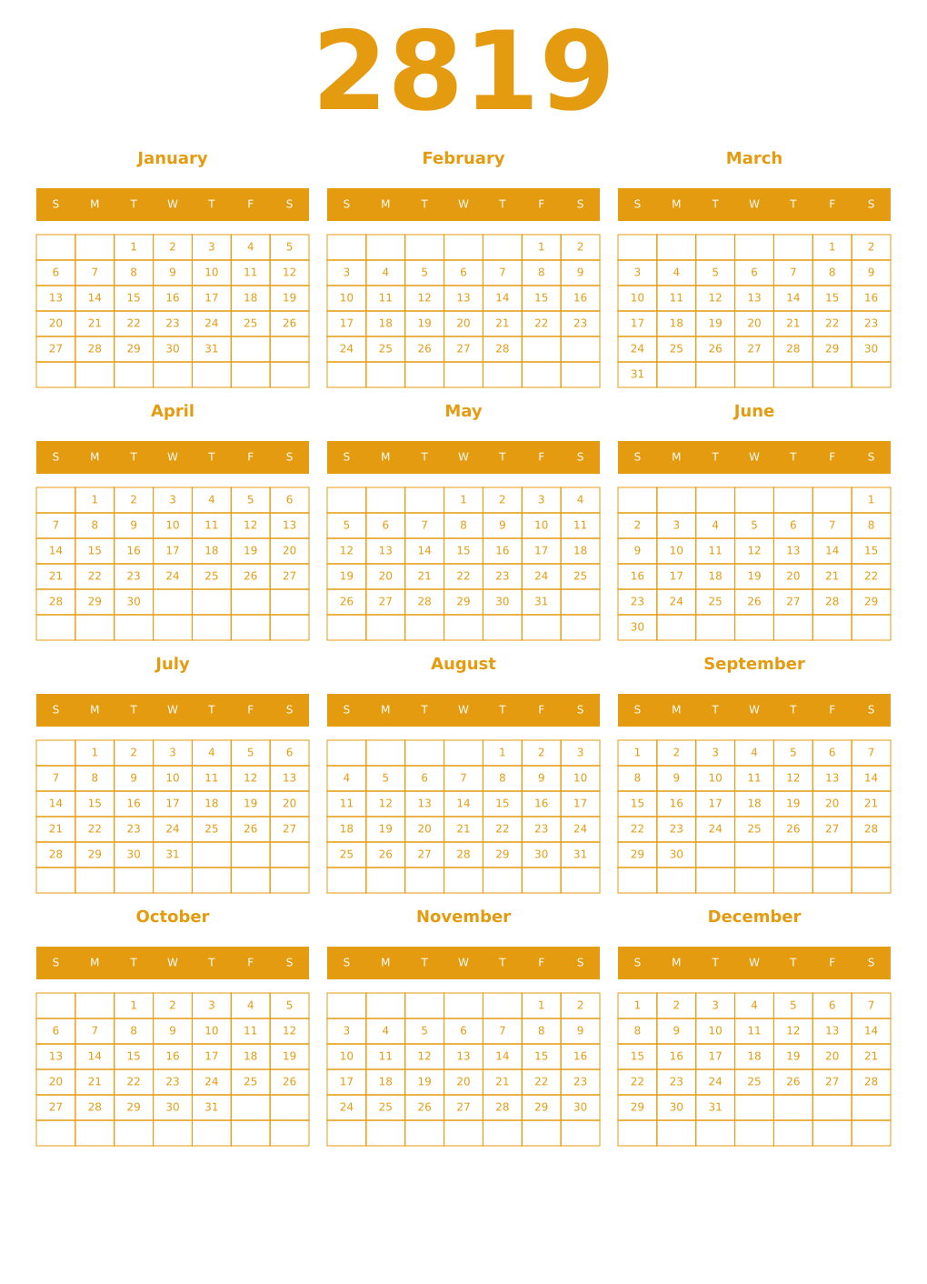 Printable 2819 Year Calendars gamboge