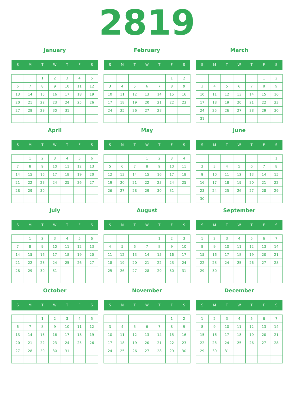 Printable 2819 Year Calendars green