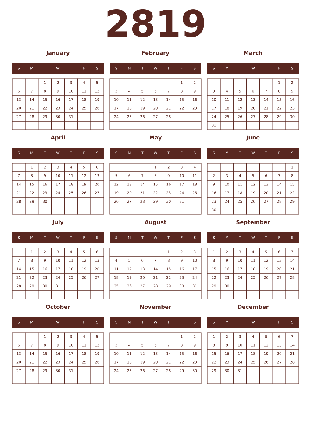 Printable 2819 Year Calendars mortuum