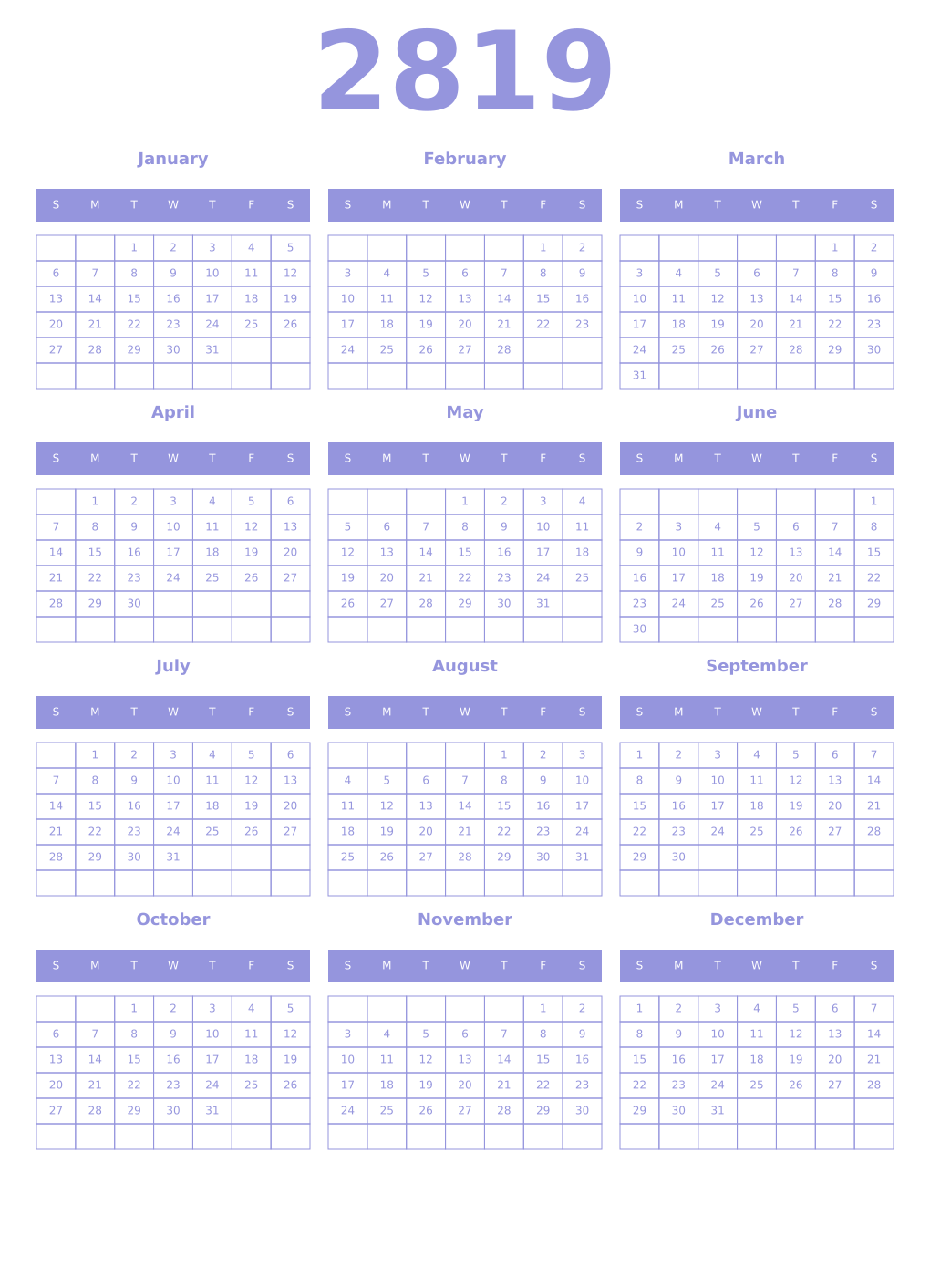 Printable 2819 Year Calendars periwinkle