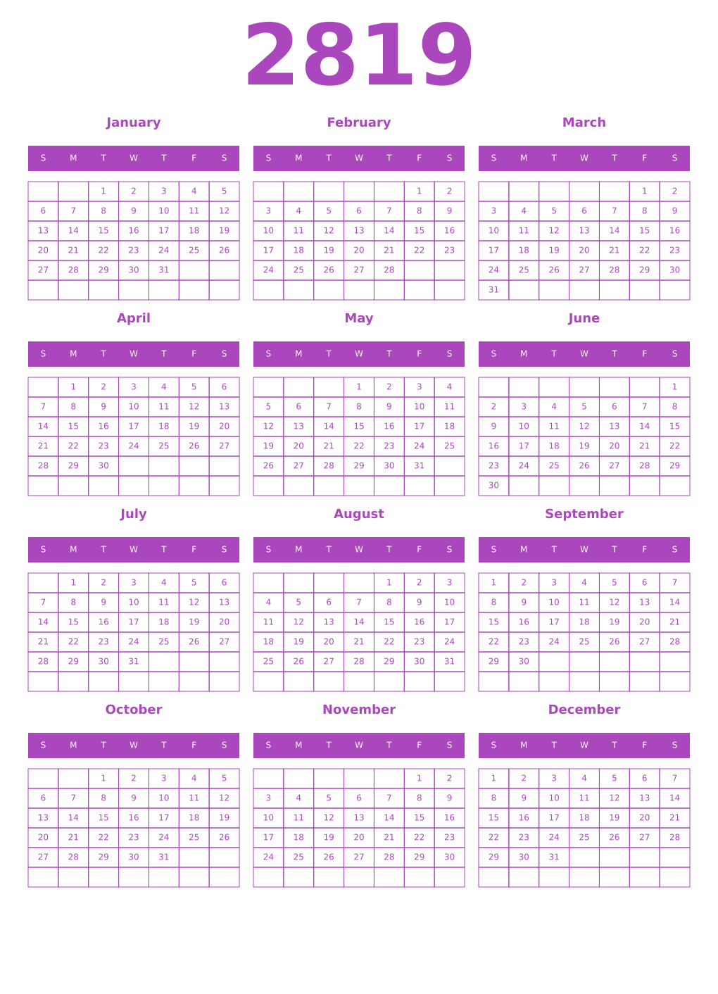 Printable 2819 Year Calendars purple