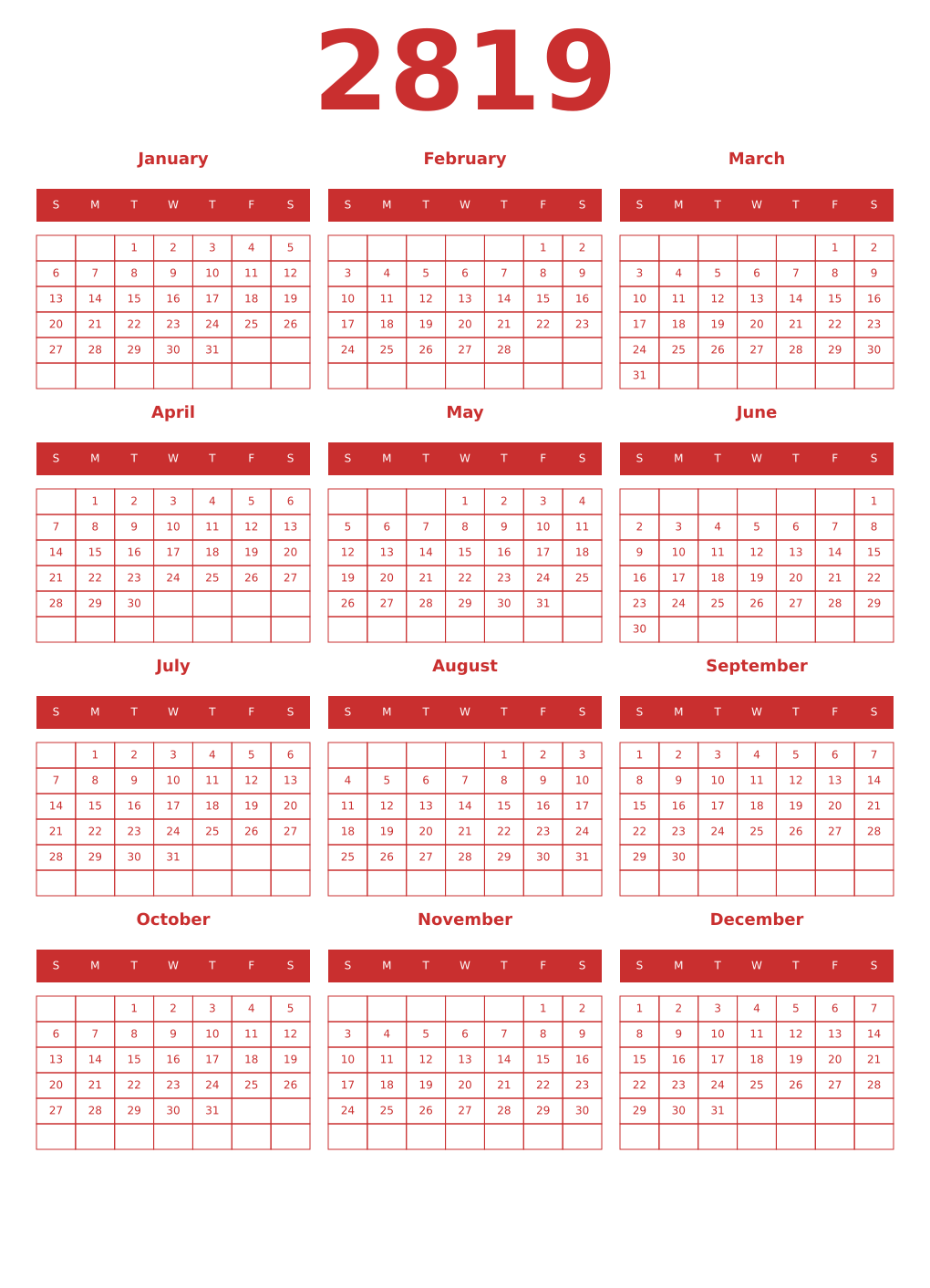 Printable 2819 Year Calendars red