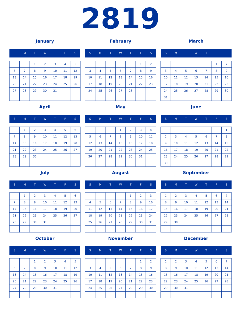 Printable 2819 Year Calendars smalt