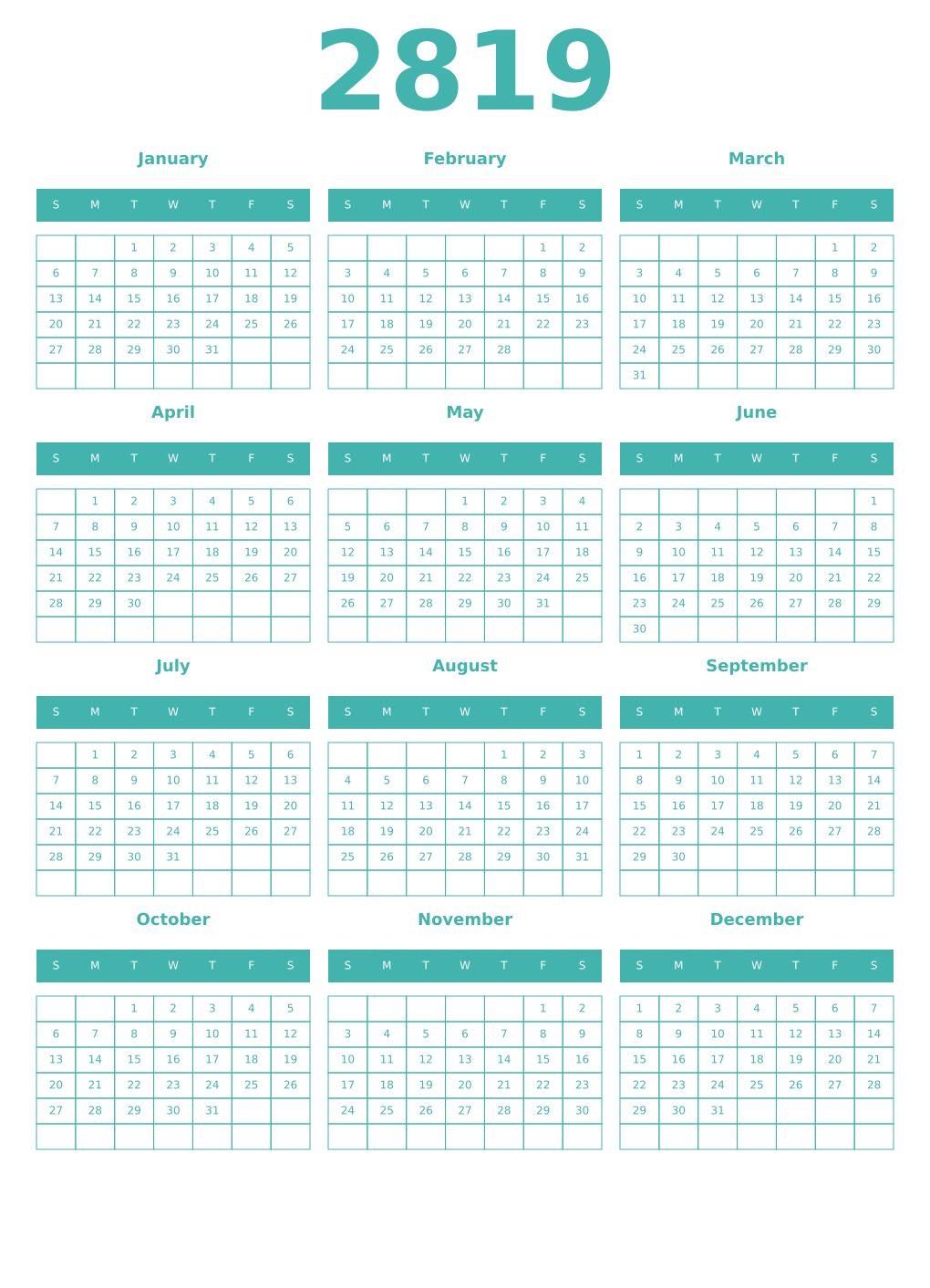 Printable 2819 Year Calendars verdigris