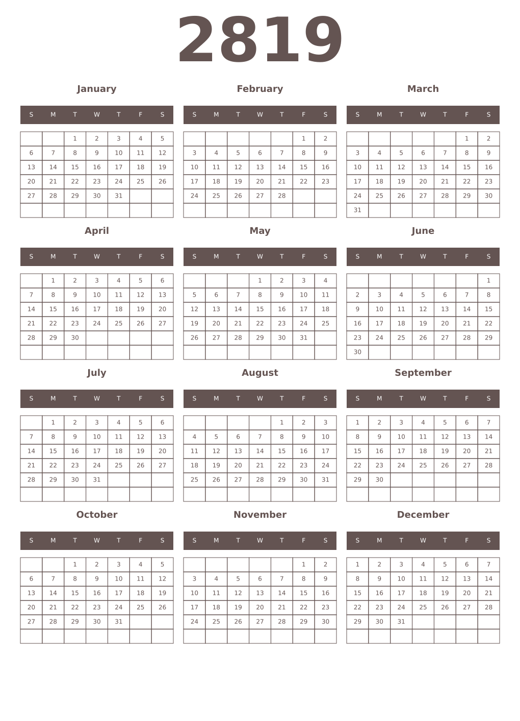 Printable 2819 Year Calendars wenge