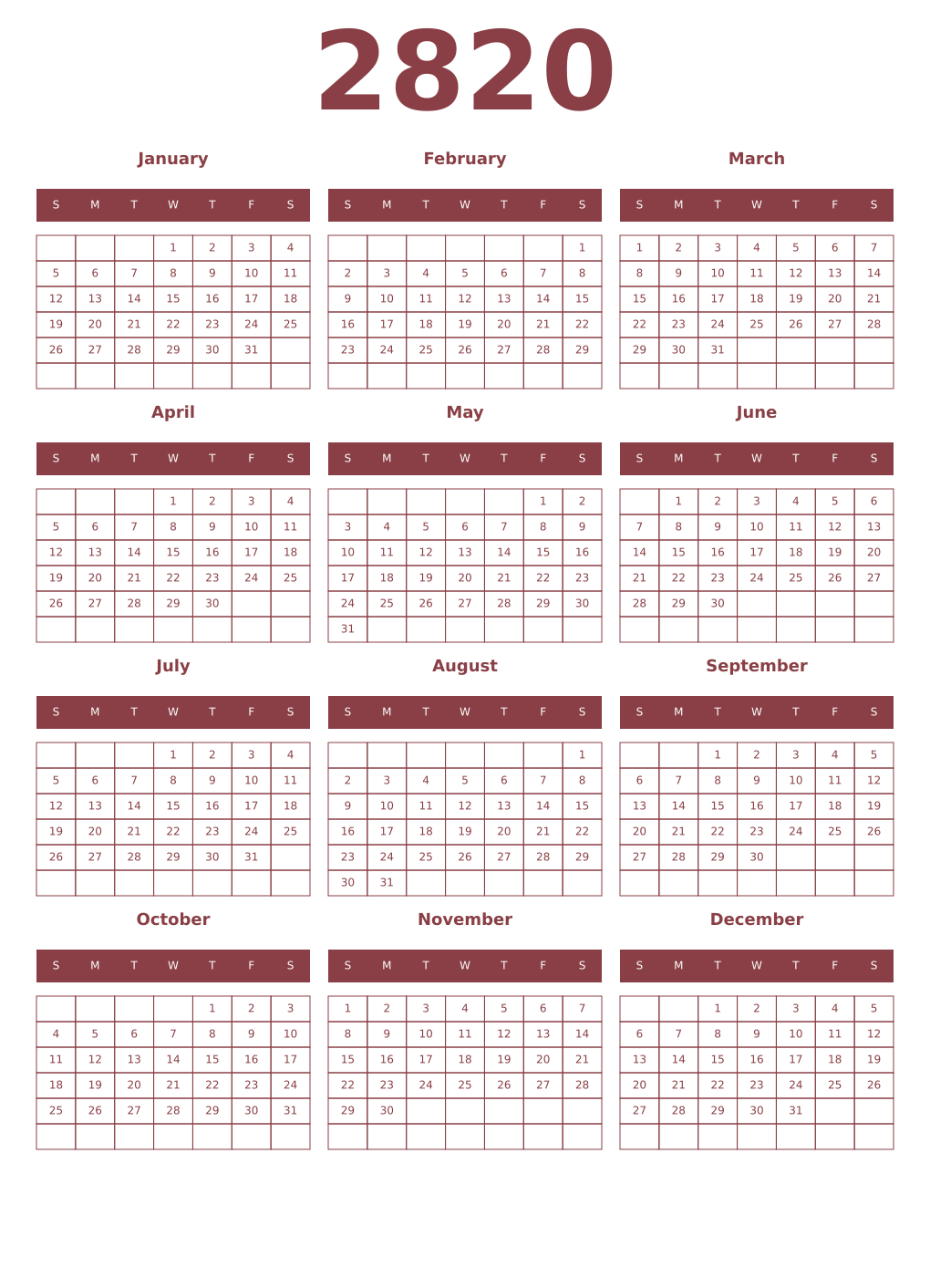 Printable 2820 Year Calendars cordovan