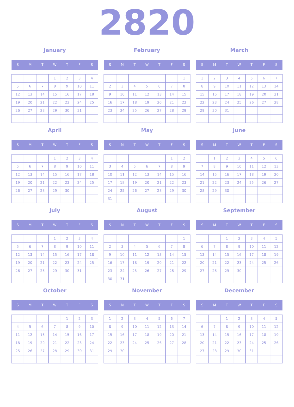 Printable 2820 Year Calendars periwinkle