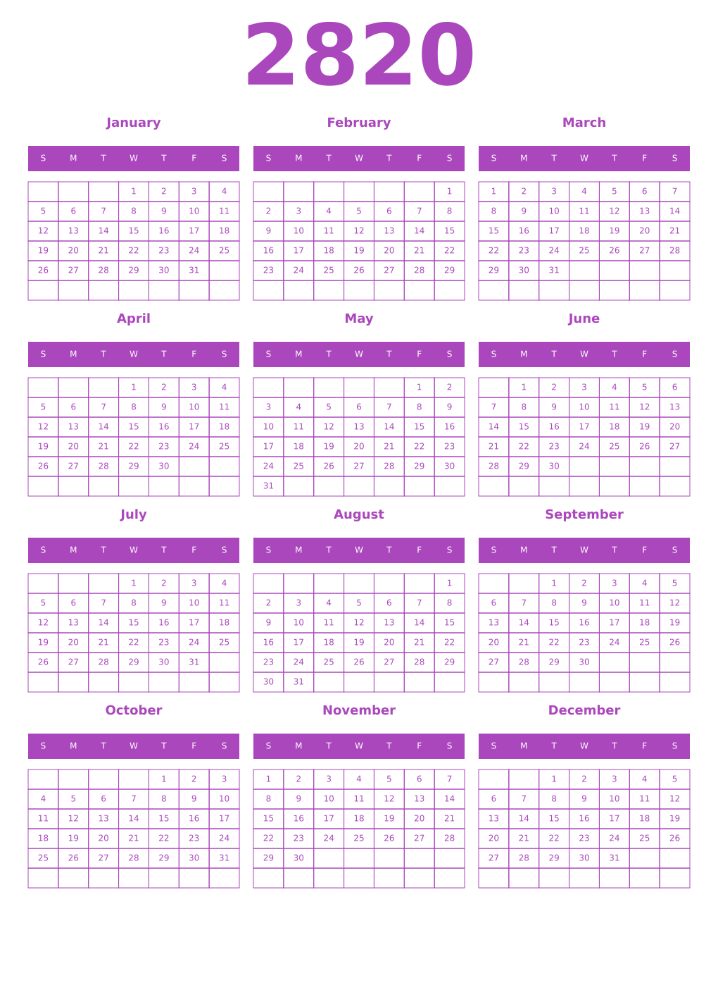 Printable 2820 Year Calendars purple