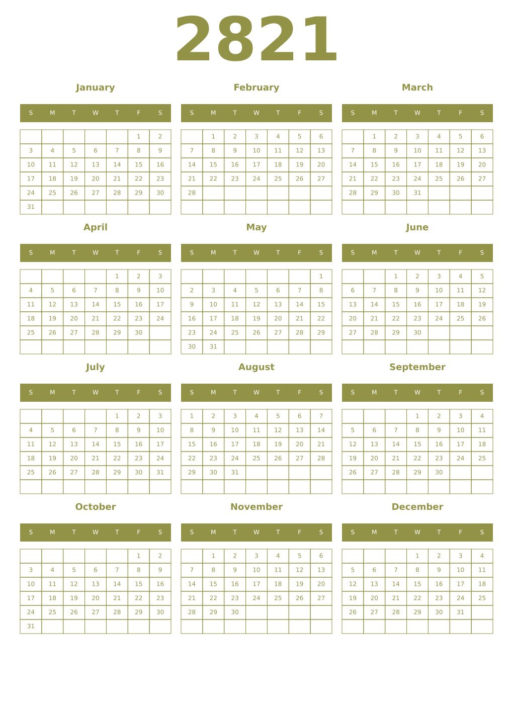 Printable 2821 Year Calendars eburnean