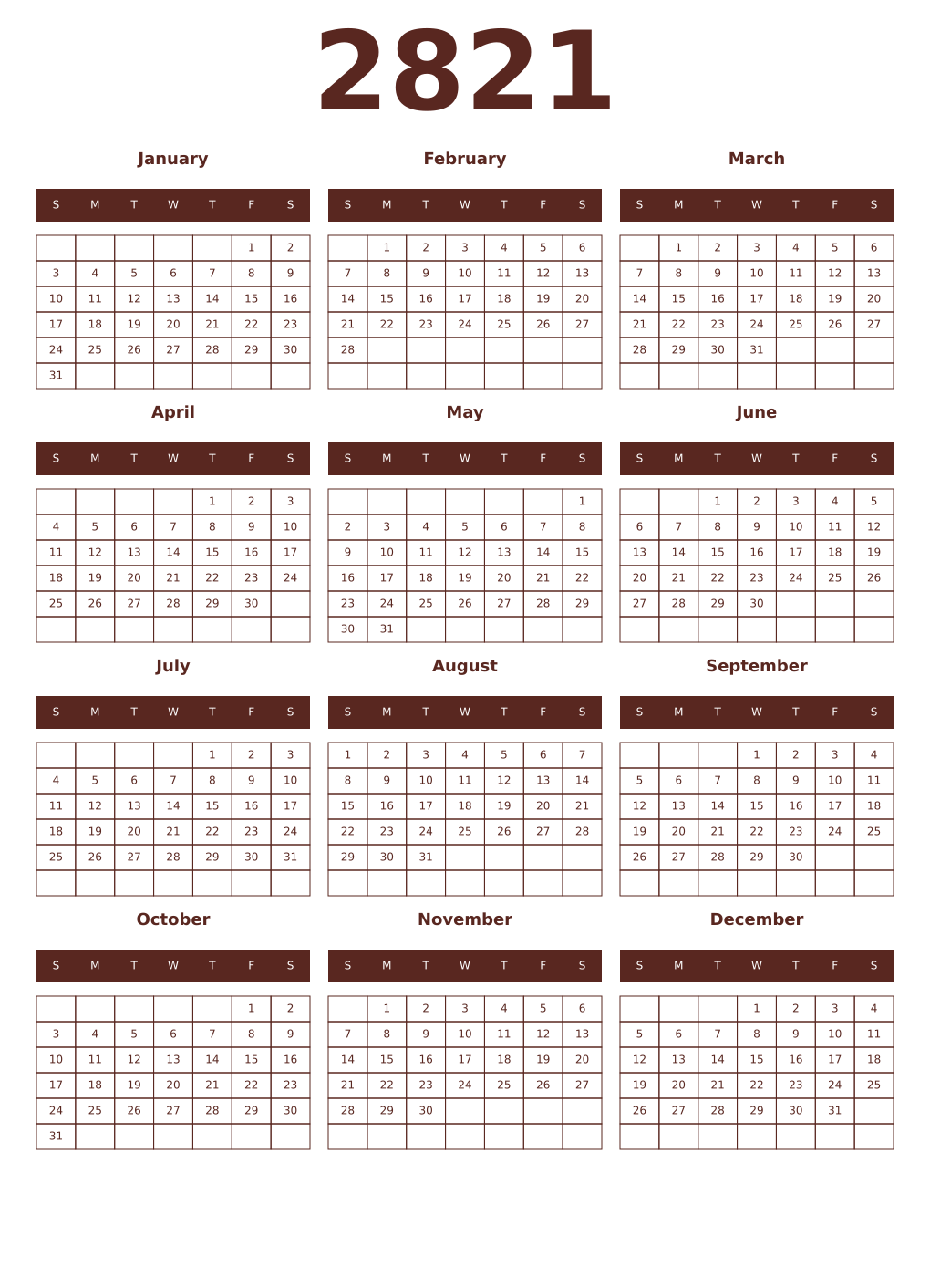 Printable 2821 Year Calendars mortuum
