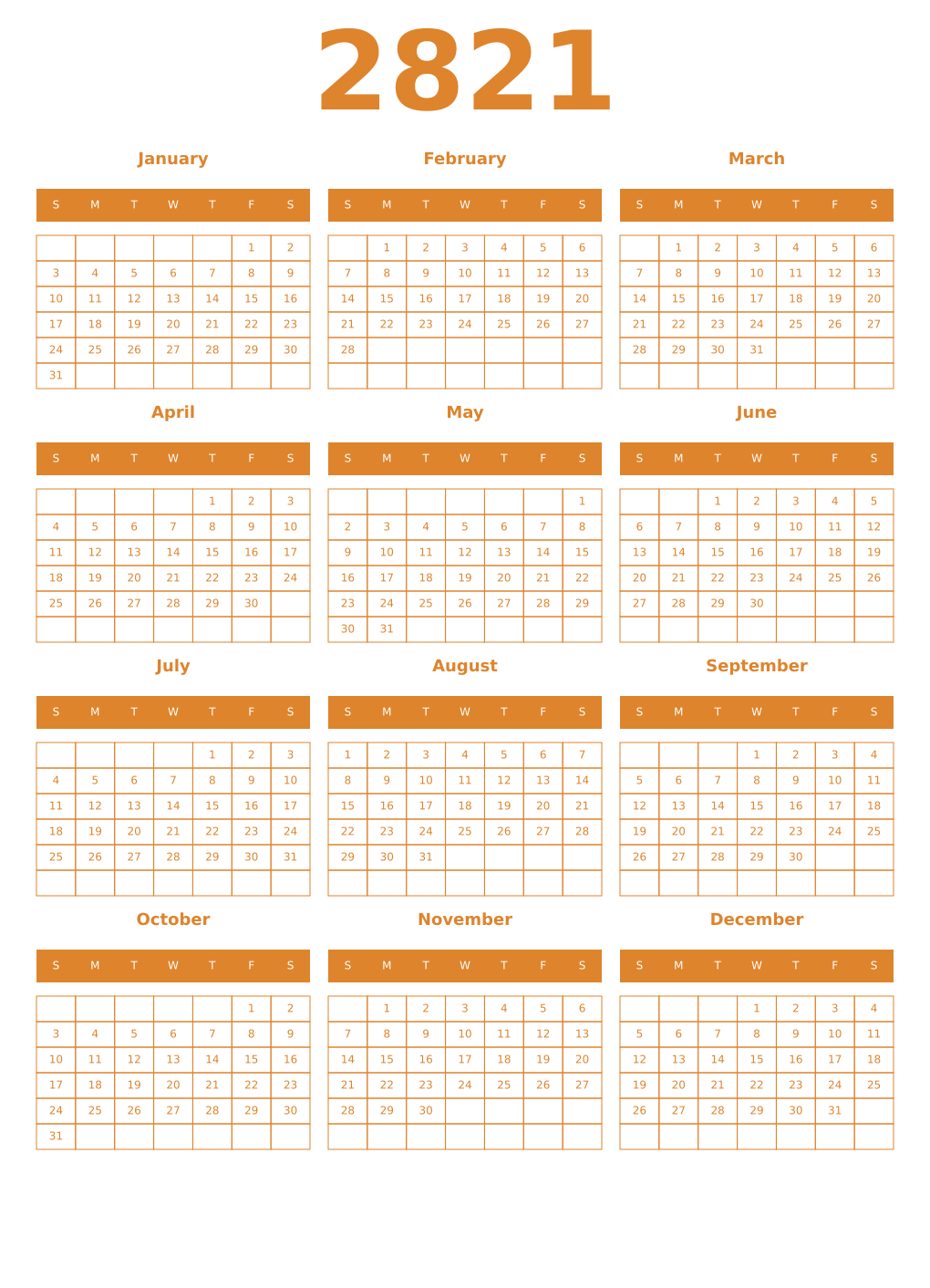 Printable 2821 Year Calendars orange