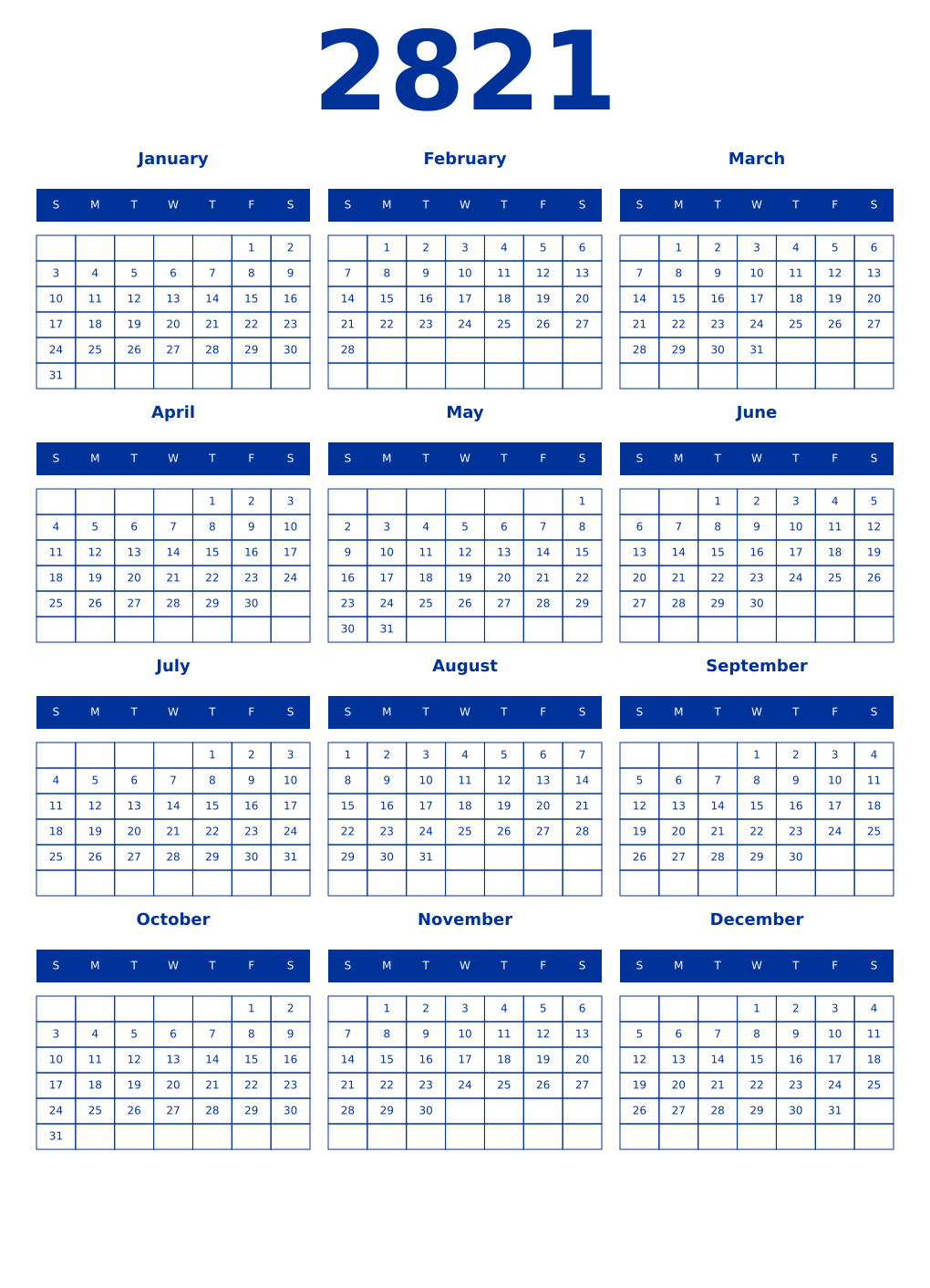 Printable 2821 Year Calendars smalt