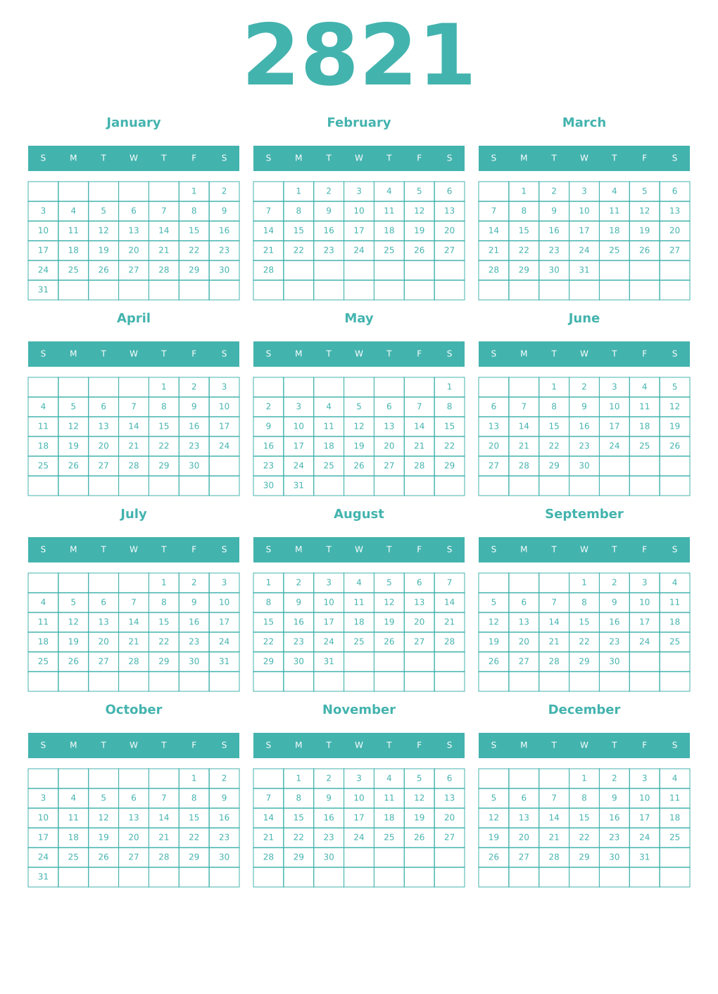 Printable 2821 Year Calendars verdigris