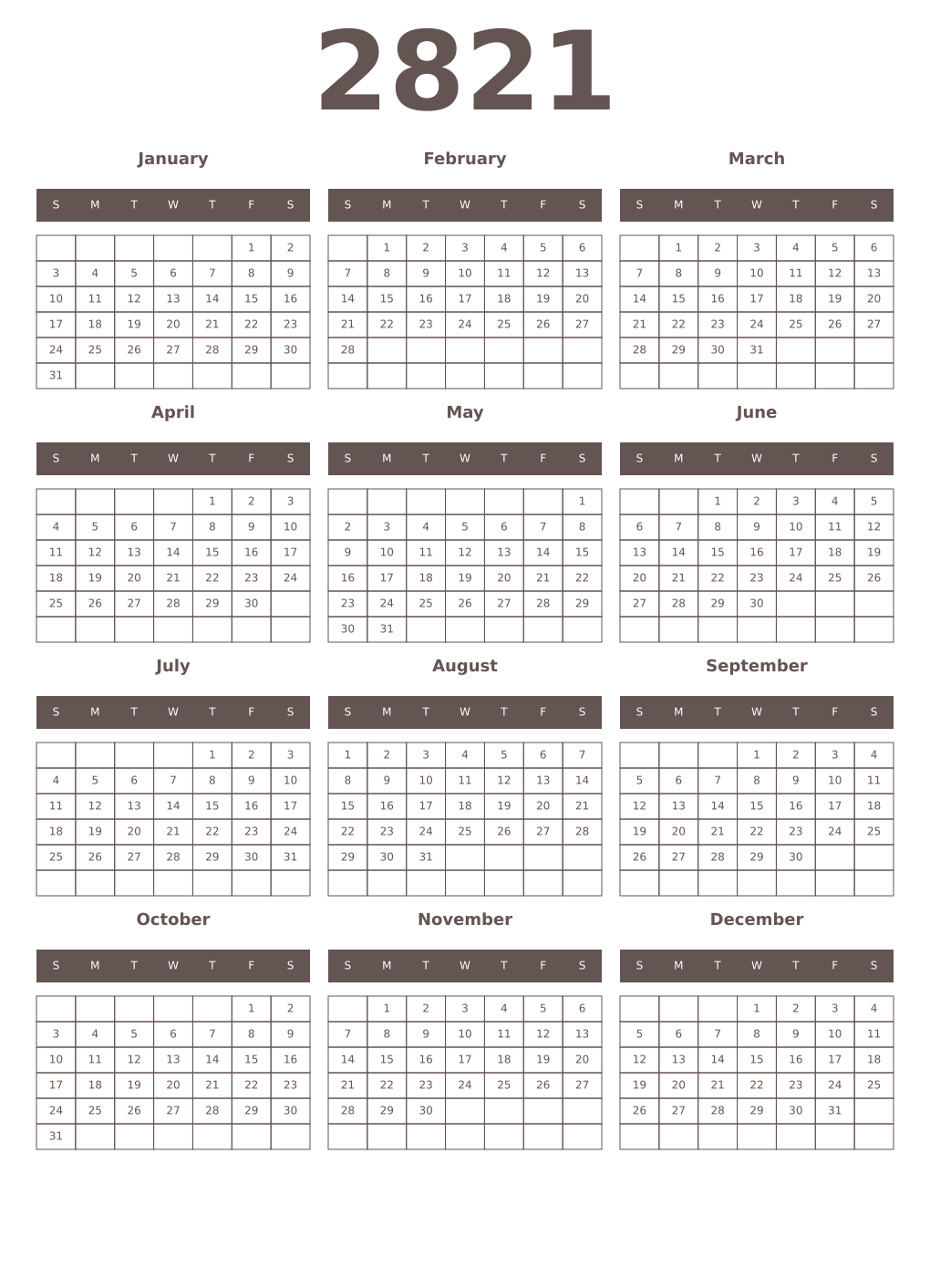 Printable 2821 Year Calendars wenge