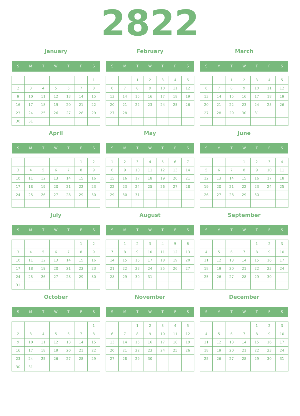 Printable 2822 Year Calendars celadon