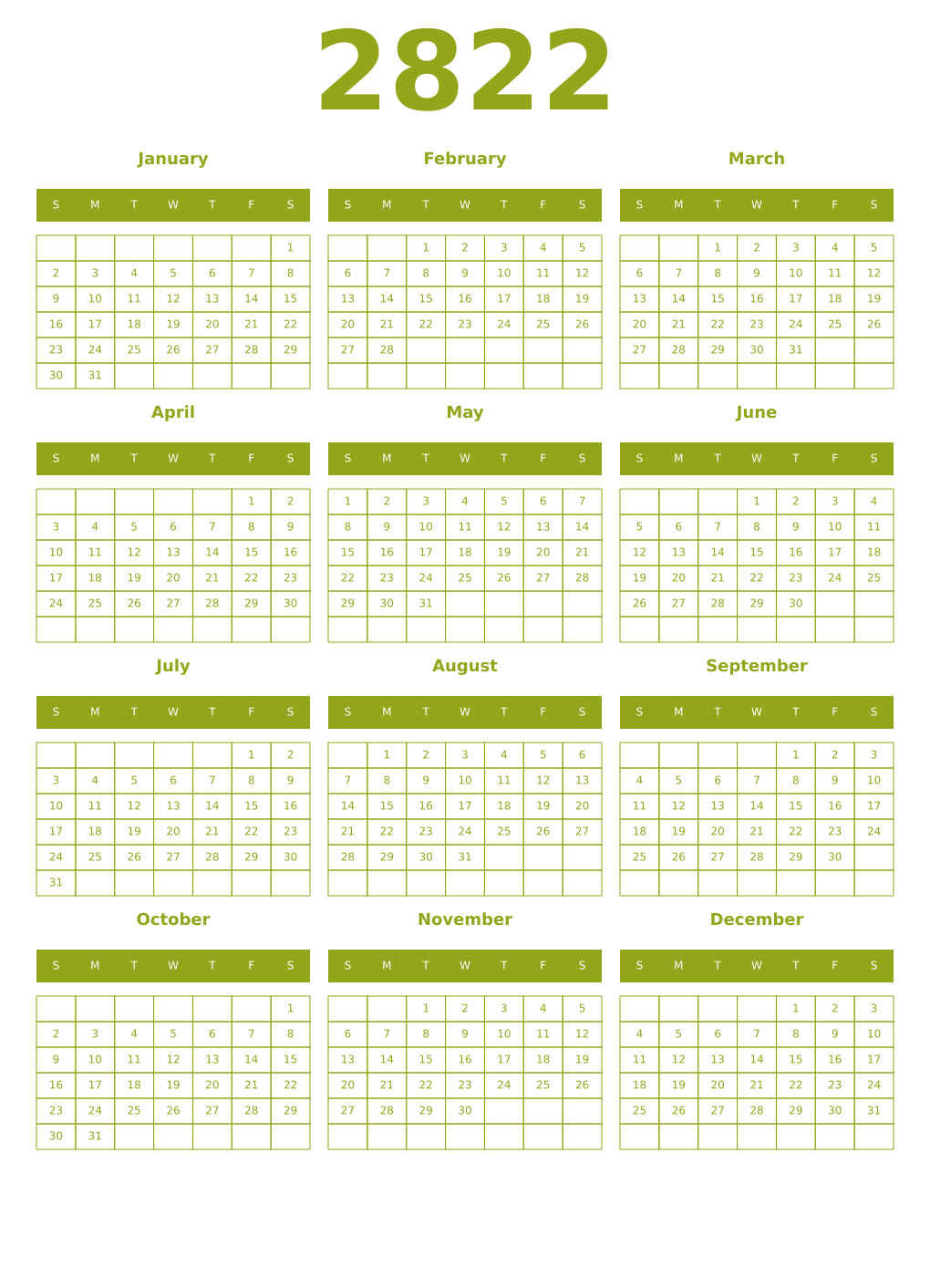Printable 2822 Year Calendars chartreuse