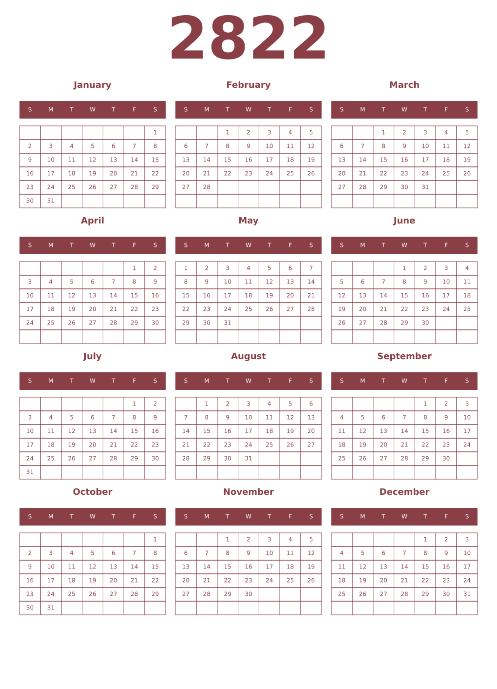 Printable 2822 Year Calendars cordovan