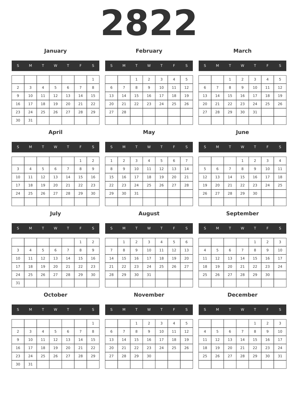 Printable 2822 Year Calendars dark