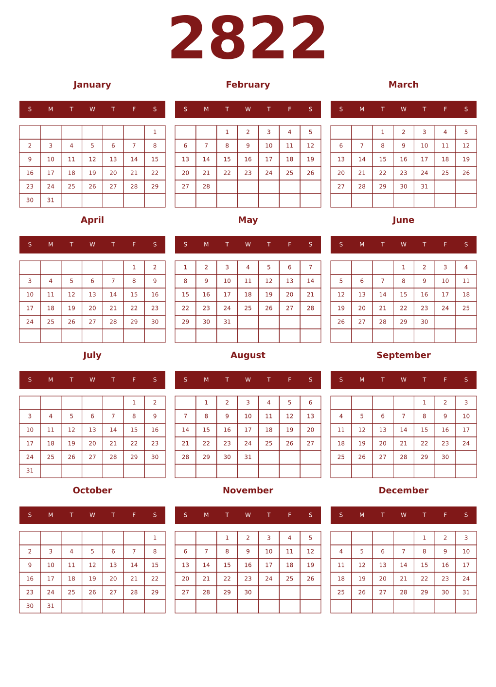 Printable 2822 Year Calendars falu