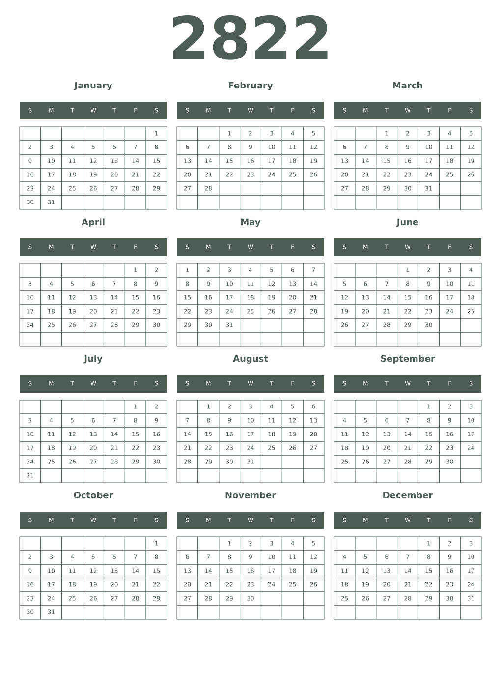 Printable 2822 Year Calendars feldgrau