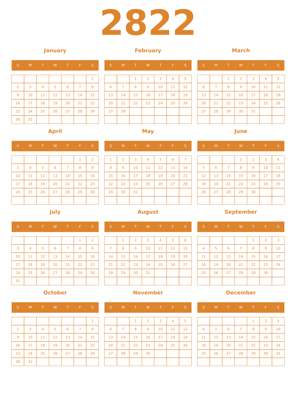 Printable 2822 Year Calendars orange