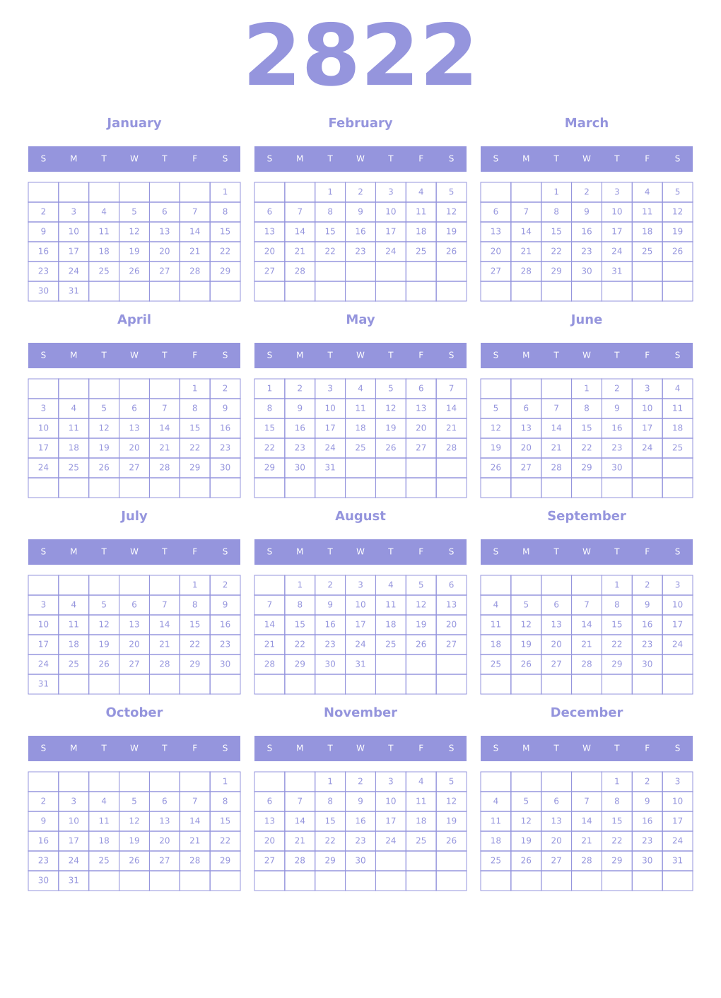 Printable 2822 Year Calendars periwinkle