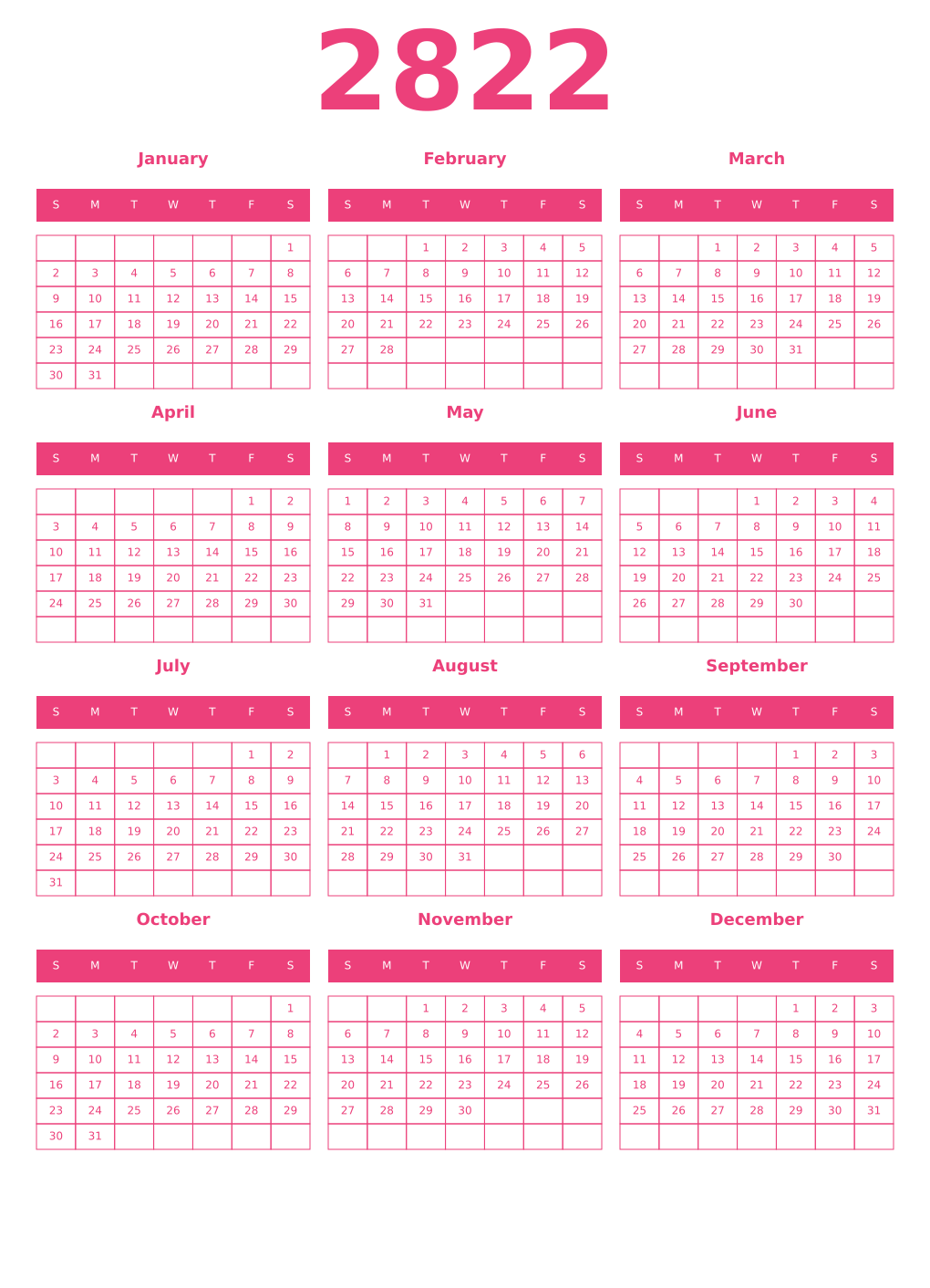 Printable 2822 Year Calendars pink