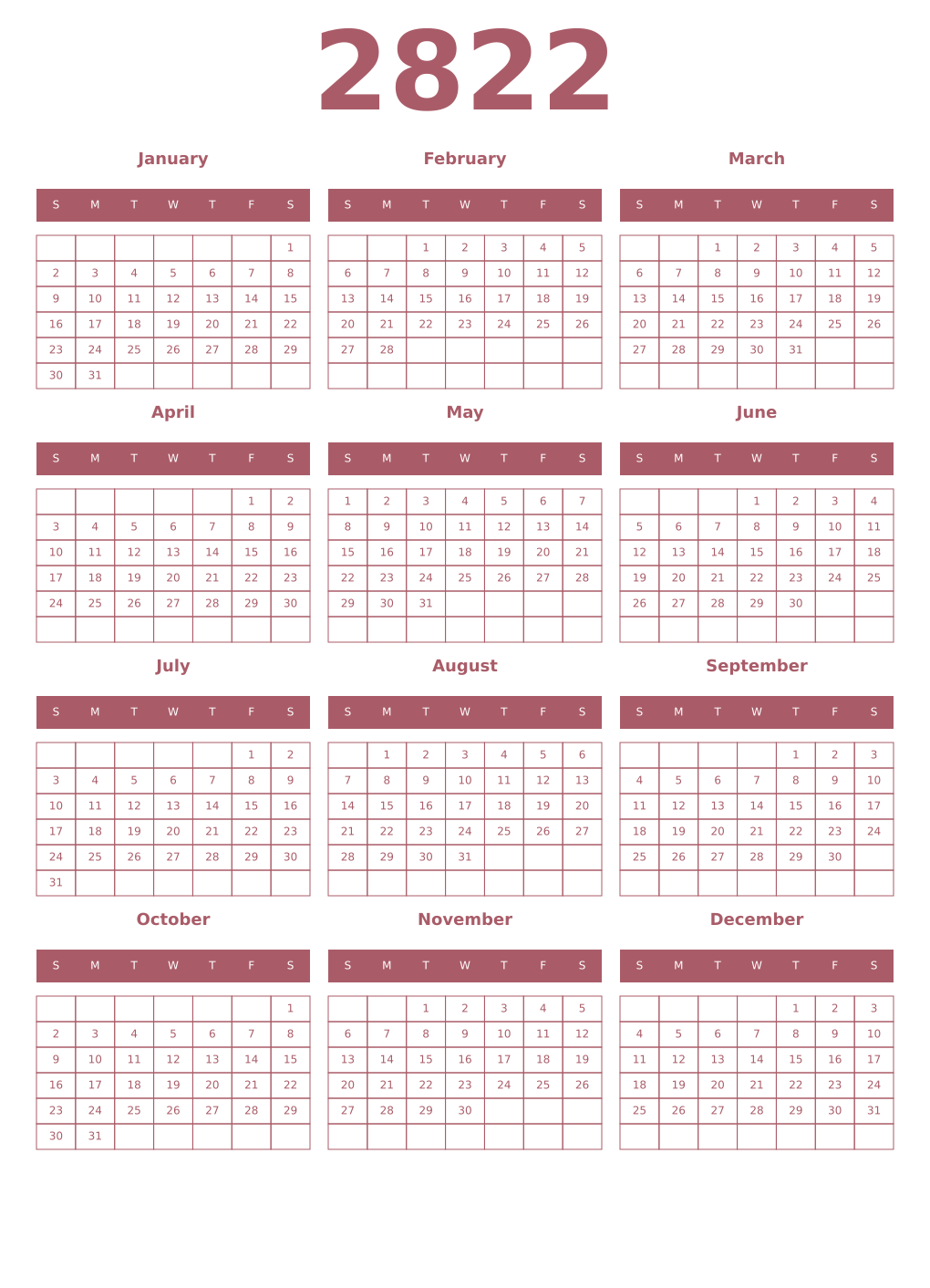 Printable 2822 Year Calendars puce