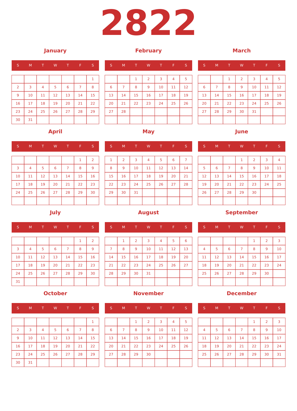 Printable 2822 Year Calendars red