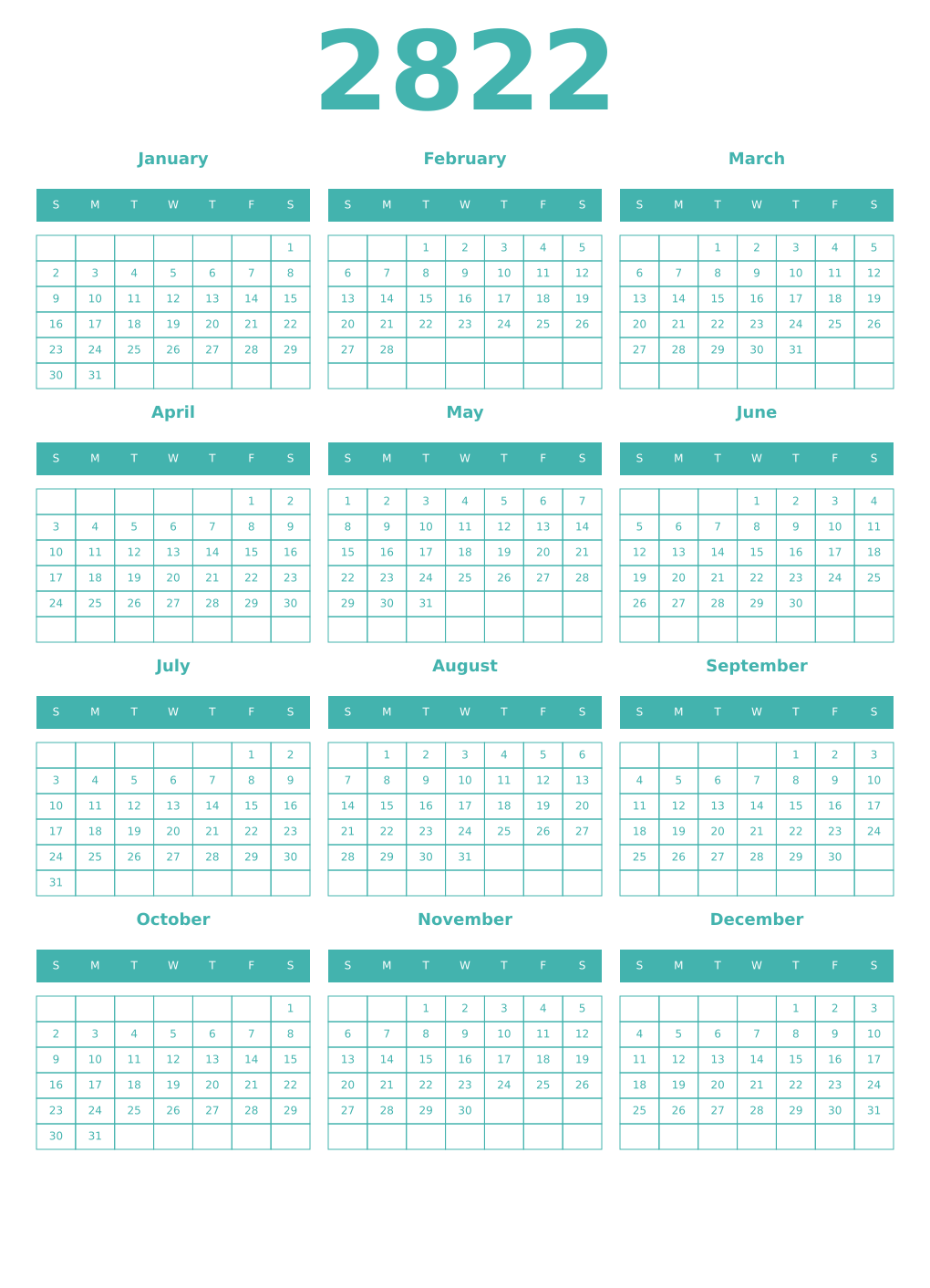 Printable 2822 Year Calendars verdigris