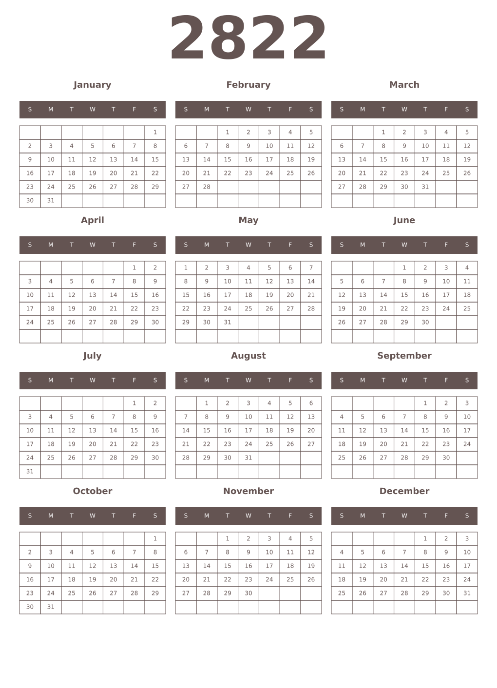 Printable 2822 Year Calendars wenge