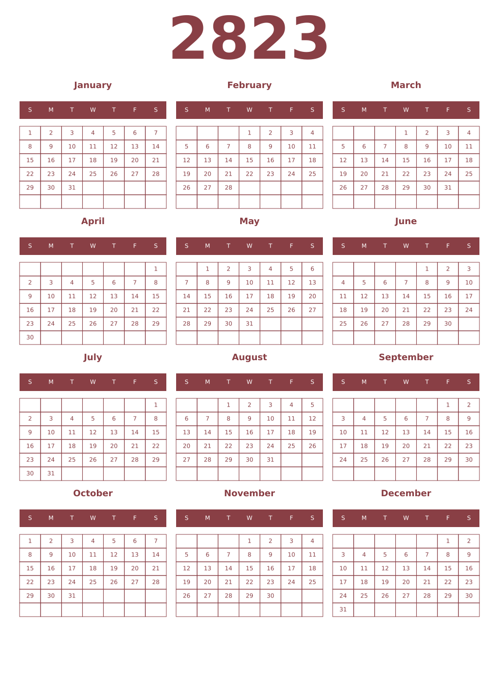 Printable 2823 Year Calendars cordovan