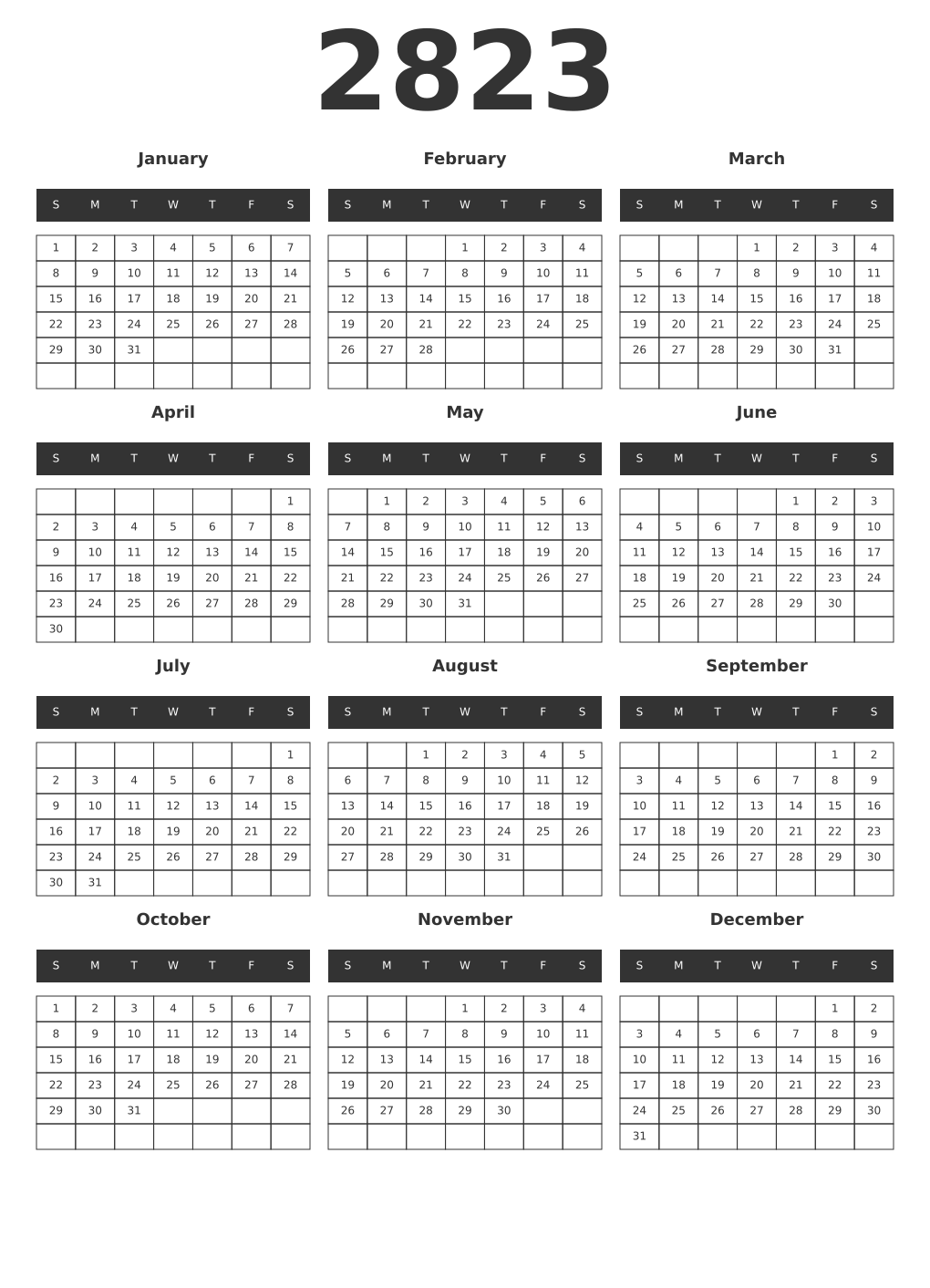 Printable 2823 Year Calendars dark