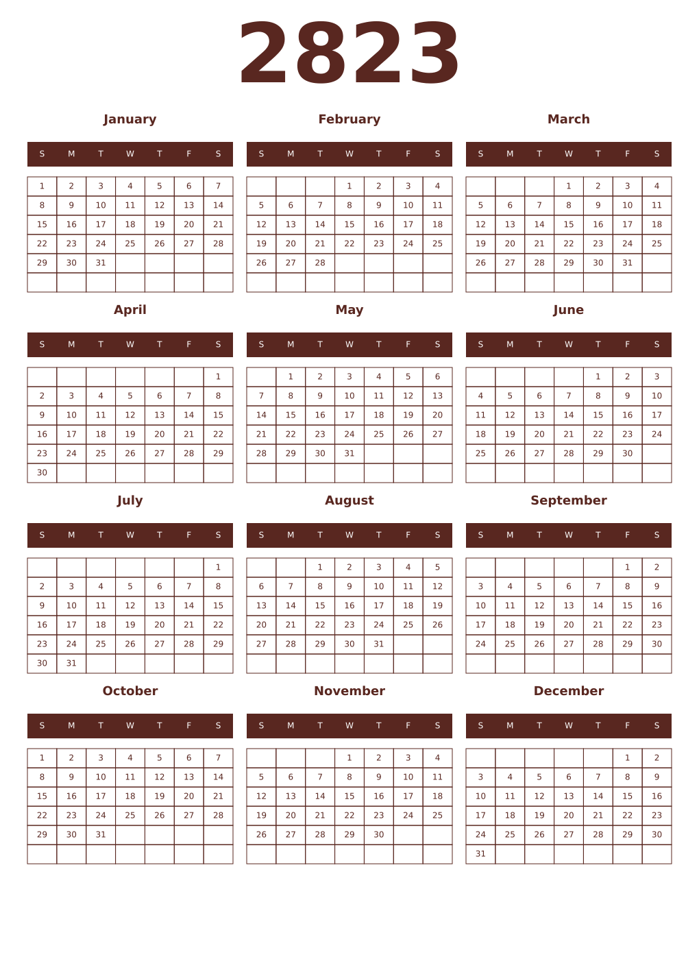 Printable 2823 Year Calendars mortuum