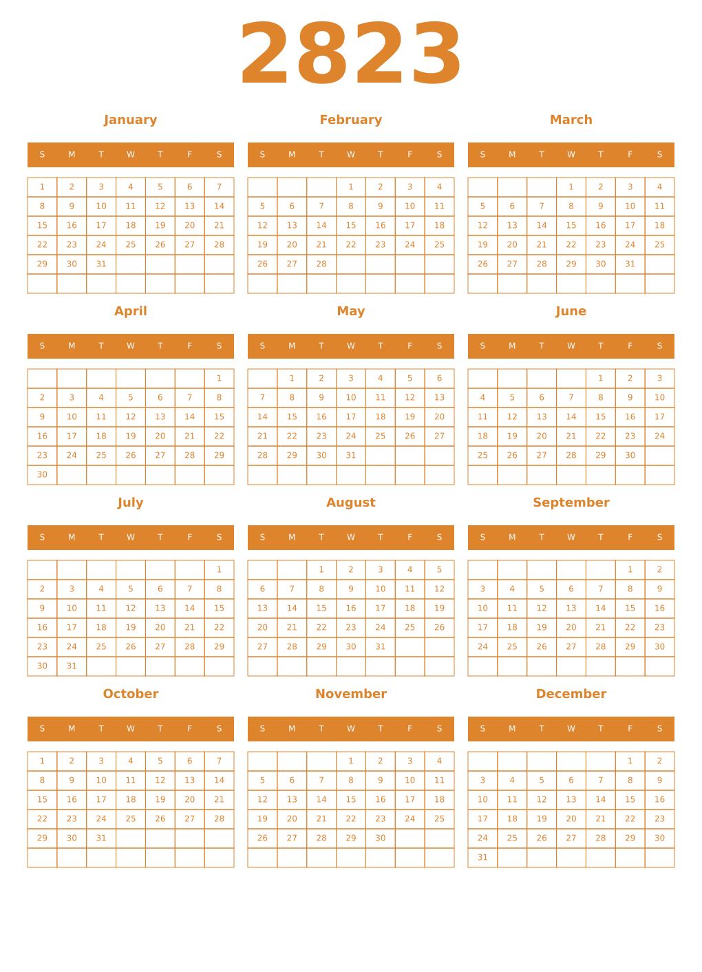 Printable 2823 Year Calendars orange