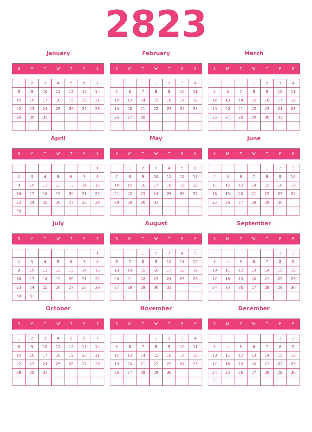 Printable 2823 Year Calendars pink