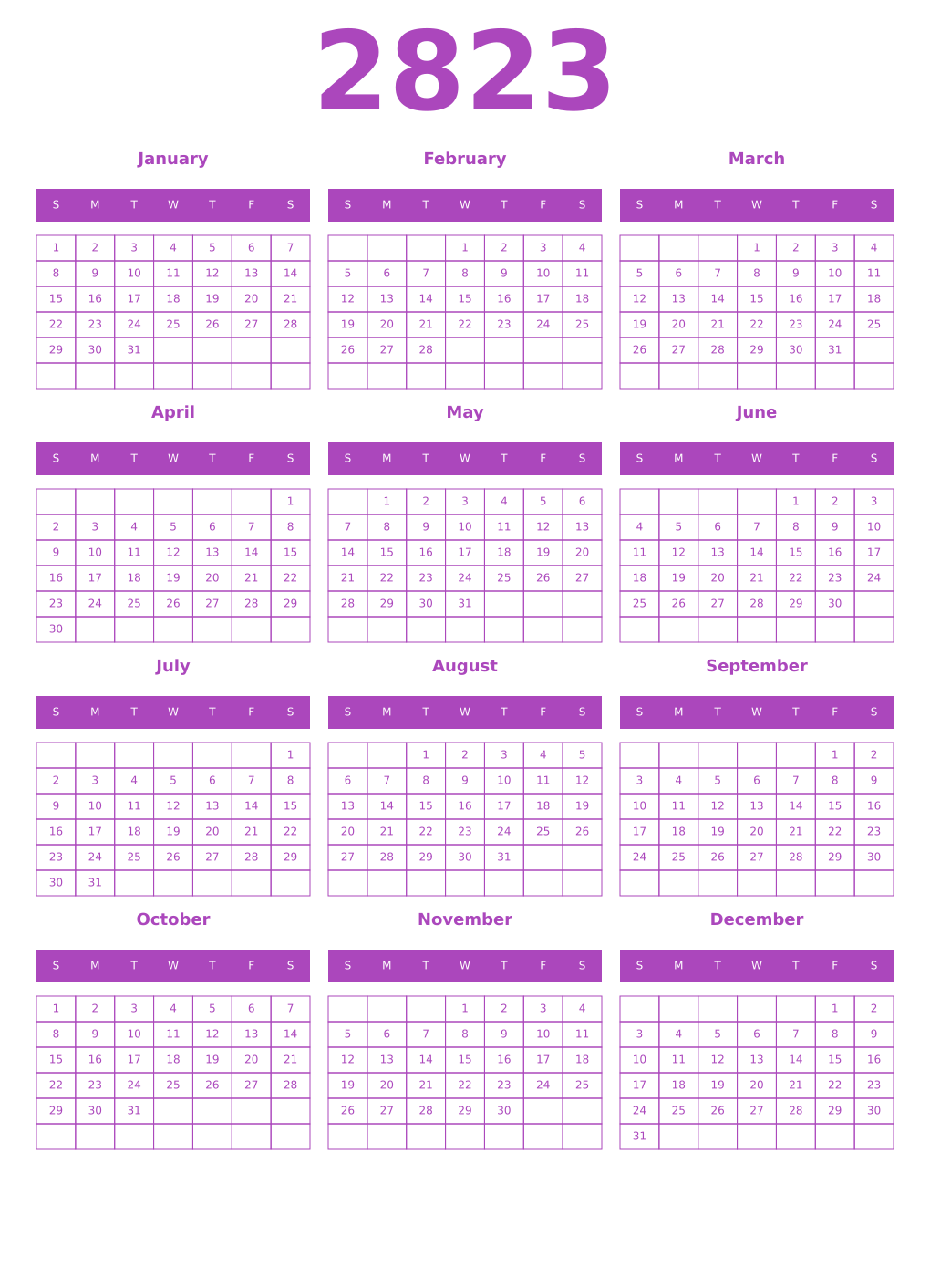 Printable 2823 Year Calendars purple