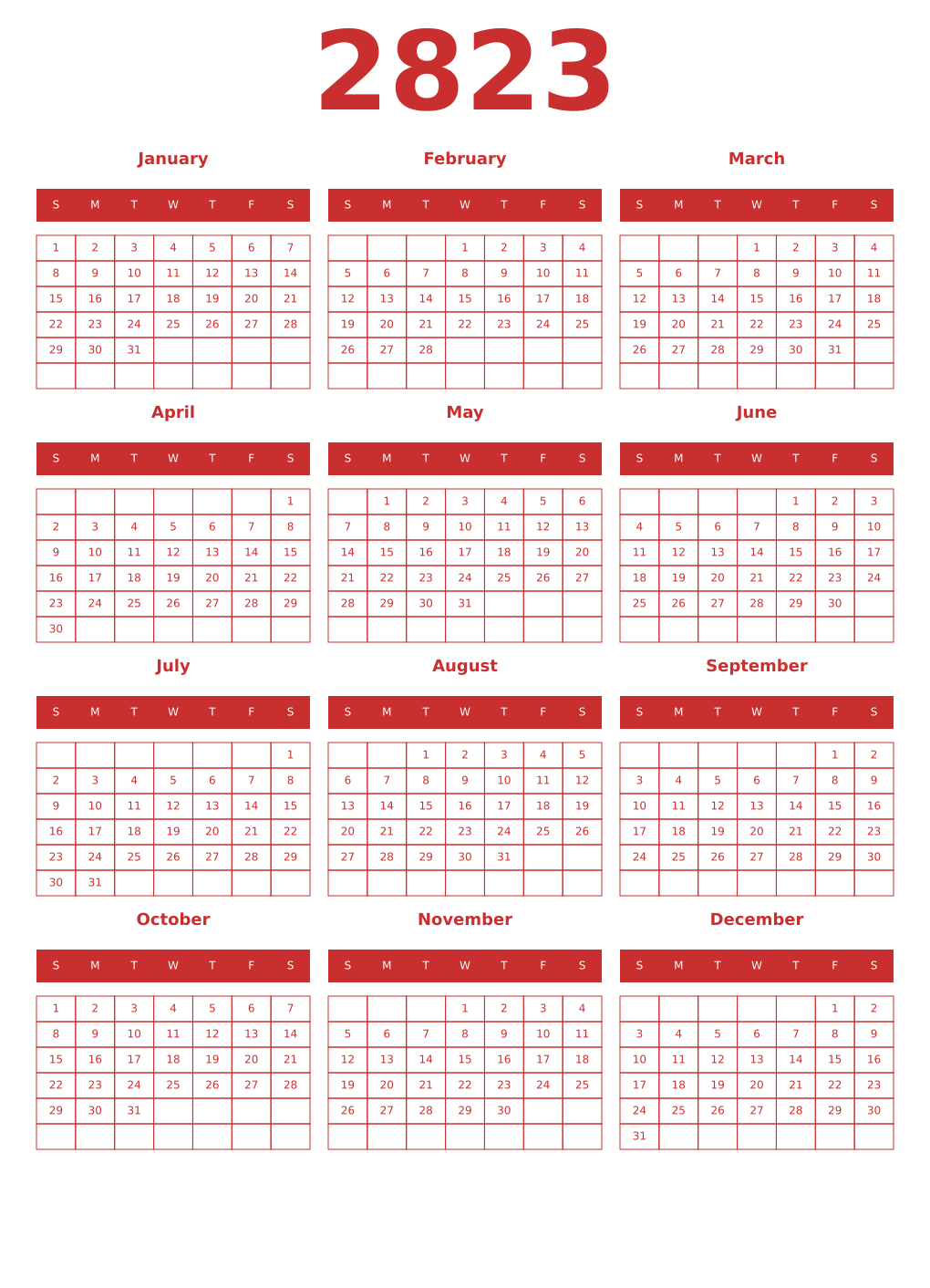 Printable 2823 Year Calendars red