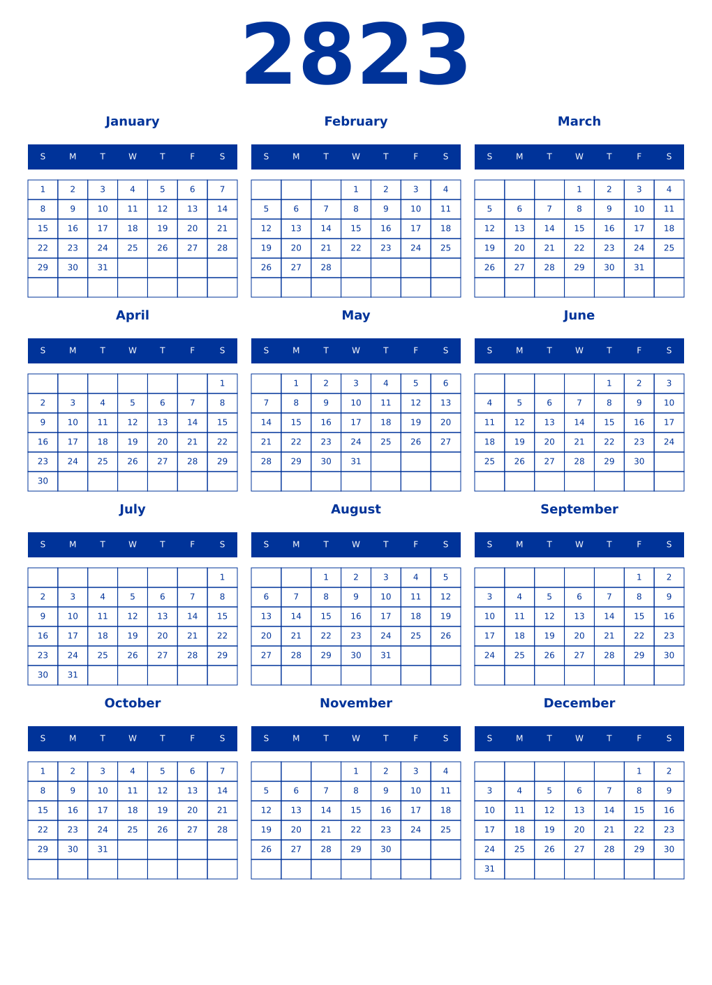 Printable 2823 Year Calendars smalt