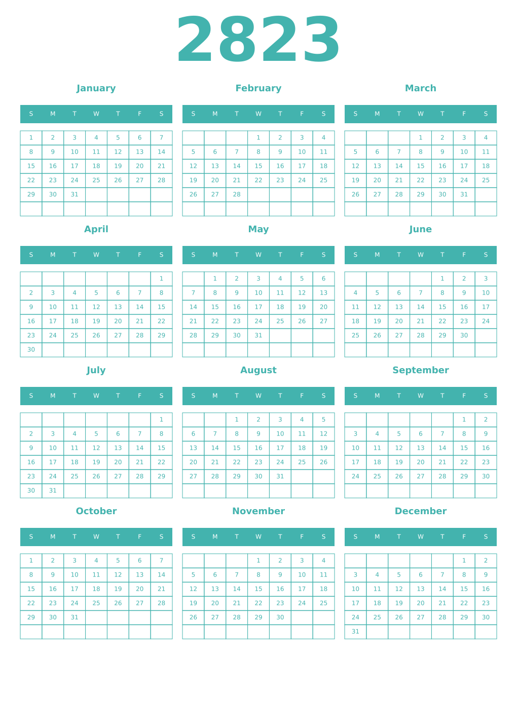 Printable 2823 Year Calendars verdigris