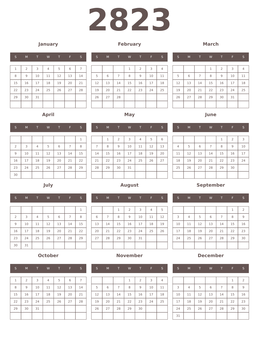 Printable 2823 Year Calendars wenge